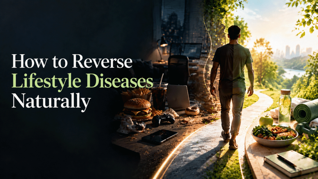 Lifestyle disease reversal journey showing healthy habits, nutrition, exercise and sustainable lifestyle changes.
