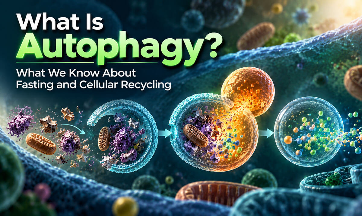 Illustration titled “What Is Autophagy?” showing a conceptual view of cellular recycling inside a cell.