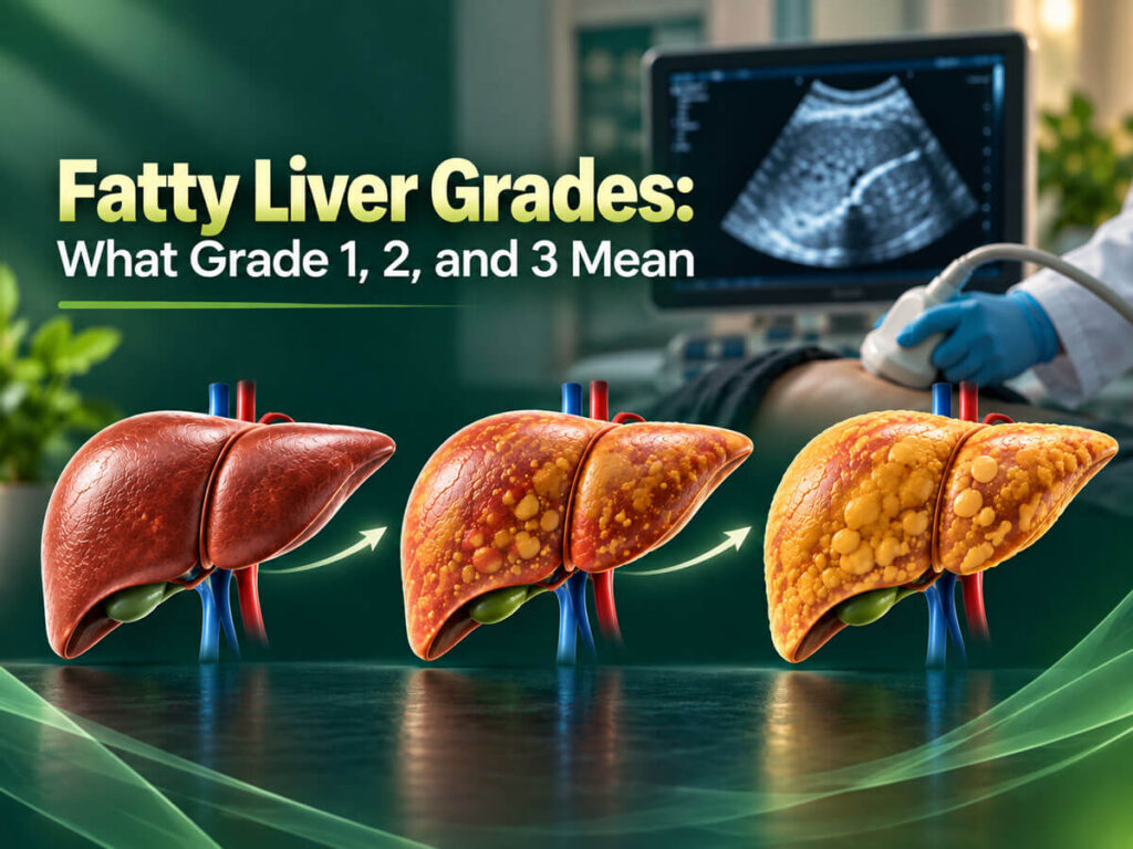 Fatty liver grades illustration showing three liver models with increasing fat deposits and an ultrasound image.