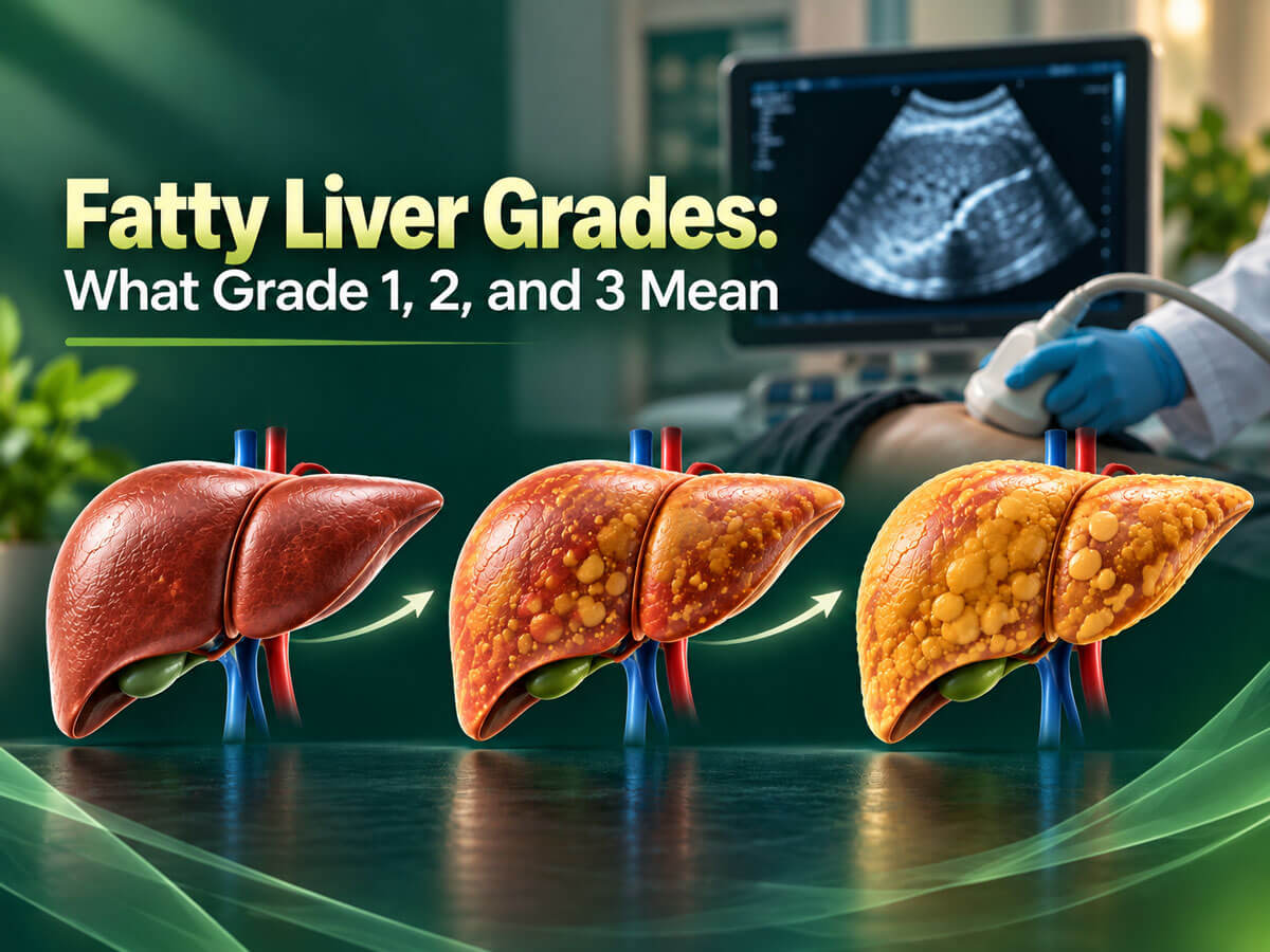 Fatty liver grades illustration showing three liver models with increasing fat deposits and an ultrasound image.