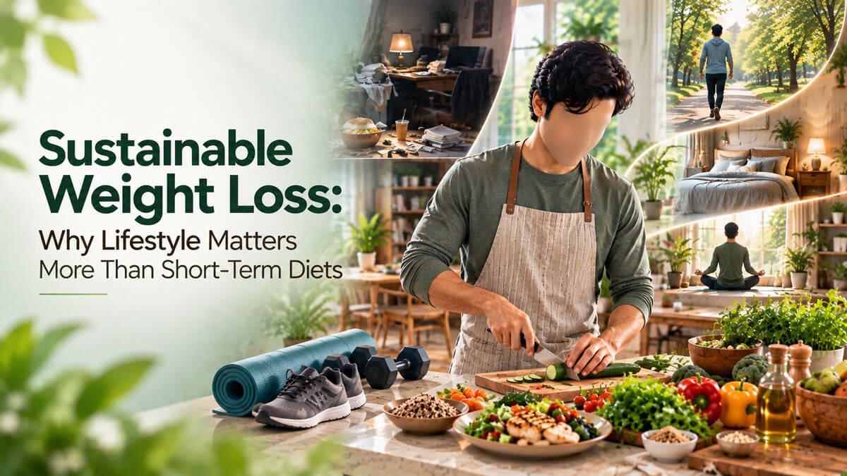 Person preparing food in a kitchen beside the heading “Sustainable Weight Loss.”