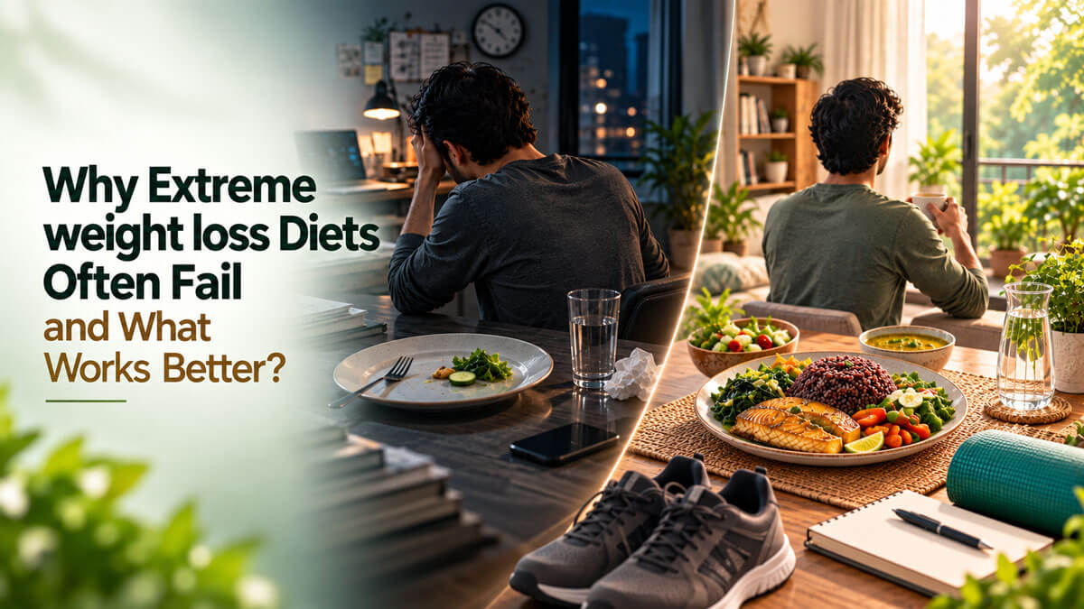 Split scene contrasting a nearly empty diet plate in a dim room with a varied meal in a sunlit dining area.