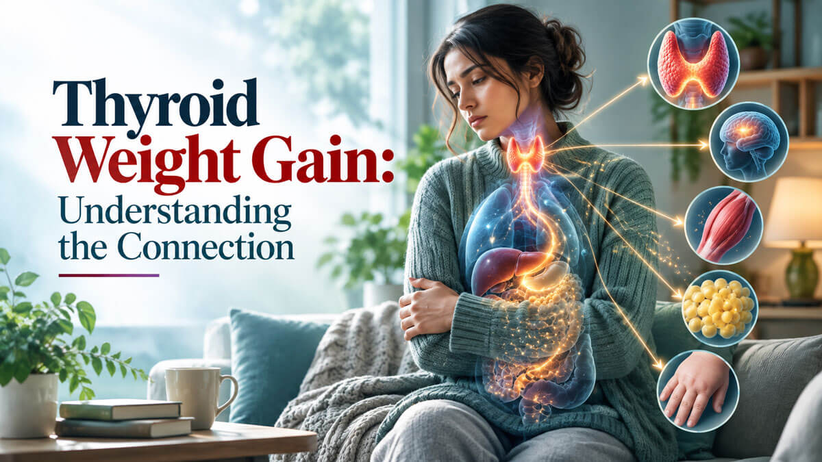 Thyroid weight gain illustration showing a seated person with a highlighted thyroid and a conceptual metabolic overlay.