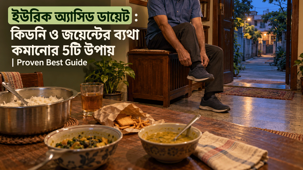 সামনে খাবার সাজানো টেবিল, পেছনে খোলা দরজার পাশে বসে জুতা পরছেন একজন ব্যক্তি।