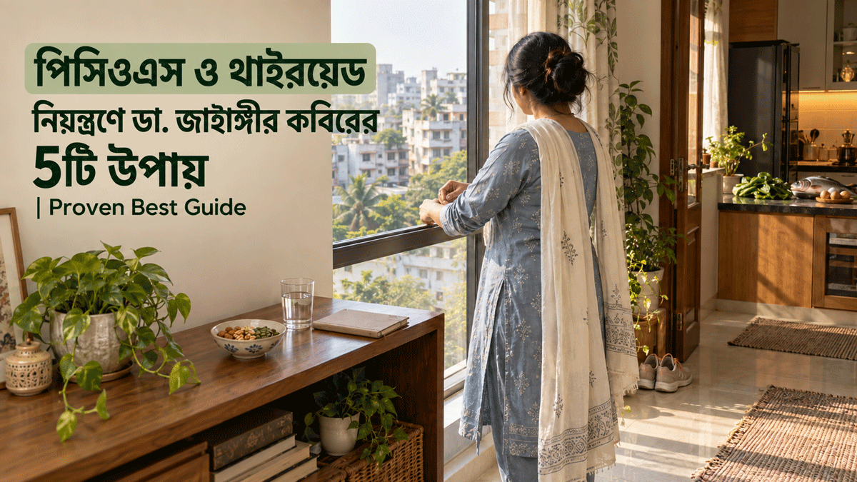 সকালের আলোয় ঘরের বড় জানালার পাশে দাঁড়িয়ে আছেন একজন নারী।