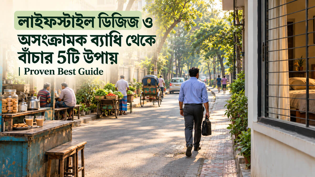 সকালের আলোয় দোকান ও গাছপালা ঘেরা শহরের পথে হাঁটছেন একজন ব্যক্তি।