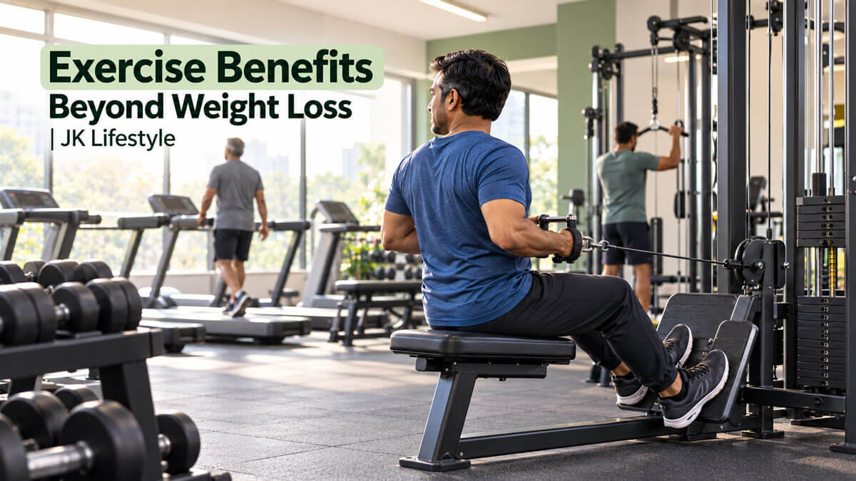 Person performing a seated cable row in a gym beside the heading “Exercise Benefits Beyond Weight Loss.”