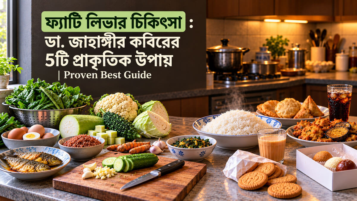 রান্নাঘরের কাউন্টারের এক পাশে মাছ ও সবজি, অন্য পাশে পাউরুটি ও ভাজাপোড়া খাবার সাজানো।