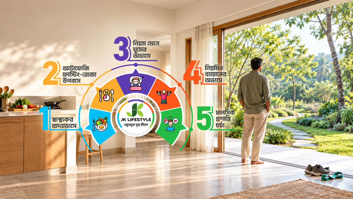 Five pillars of a healthy lifestyle diagram beside a person standing near a sunlit window in a modern home.