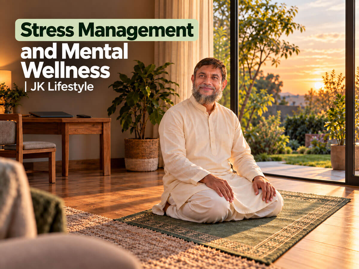 Dr. Jahangir Kabir seated on a prayer mat in a sunlit room beside the heading “Stress Management and Mental Wellness.”
