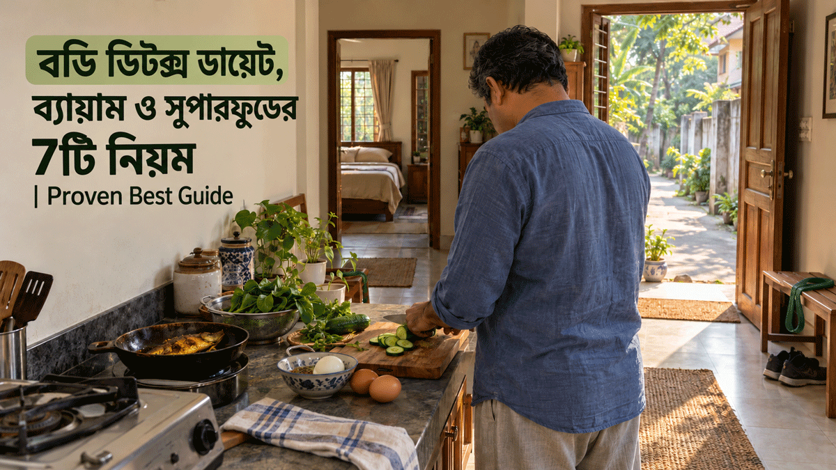 সকালের আলোয় রান্নাঘরের কাউন্টারে খাবার প্রস্তুত করছেন একজন ব্যক্তি, পেছনের খোলা দরজা দিয়ে সবুজ গাছপালা দেখা যাচ্ছে।