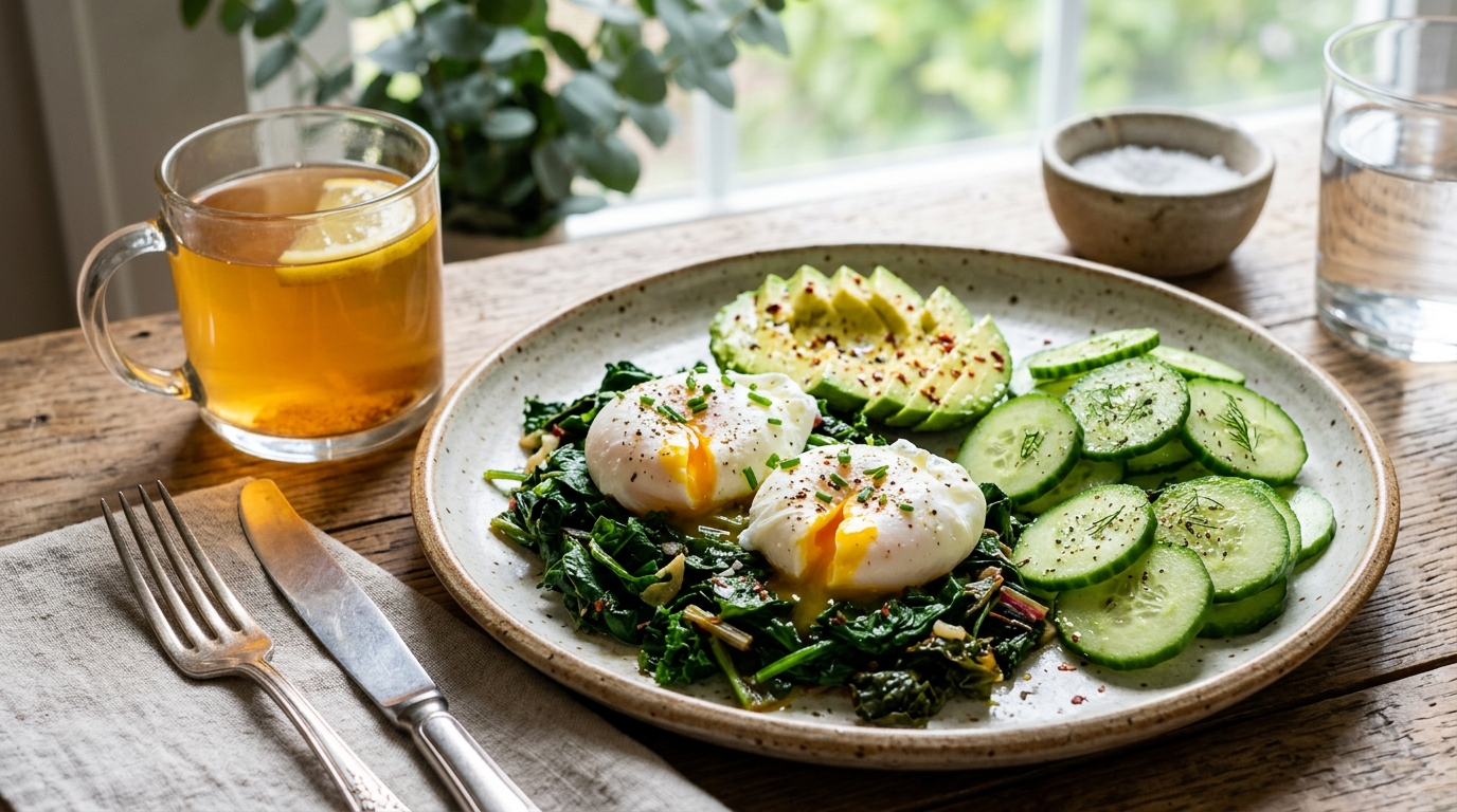 A healthy meal breaking 16 hour fasting autophagy with poached pasture-raised eggs, greens in grass-fed ghee, and avocado