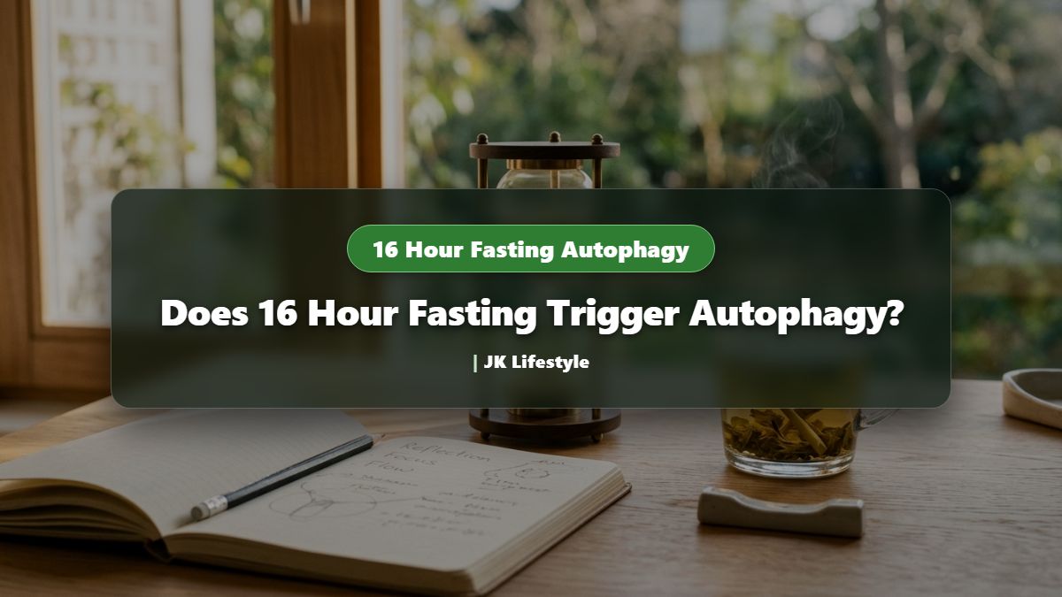 16 hour fasting autophagy concept with vintage hourglass, morning herbal tea, and natural light