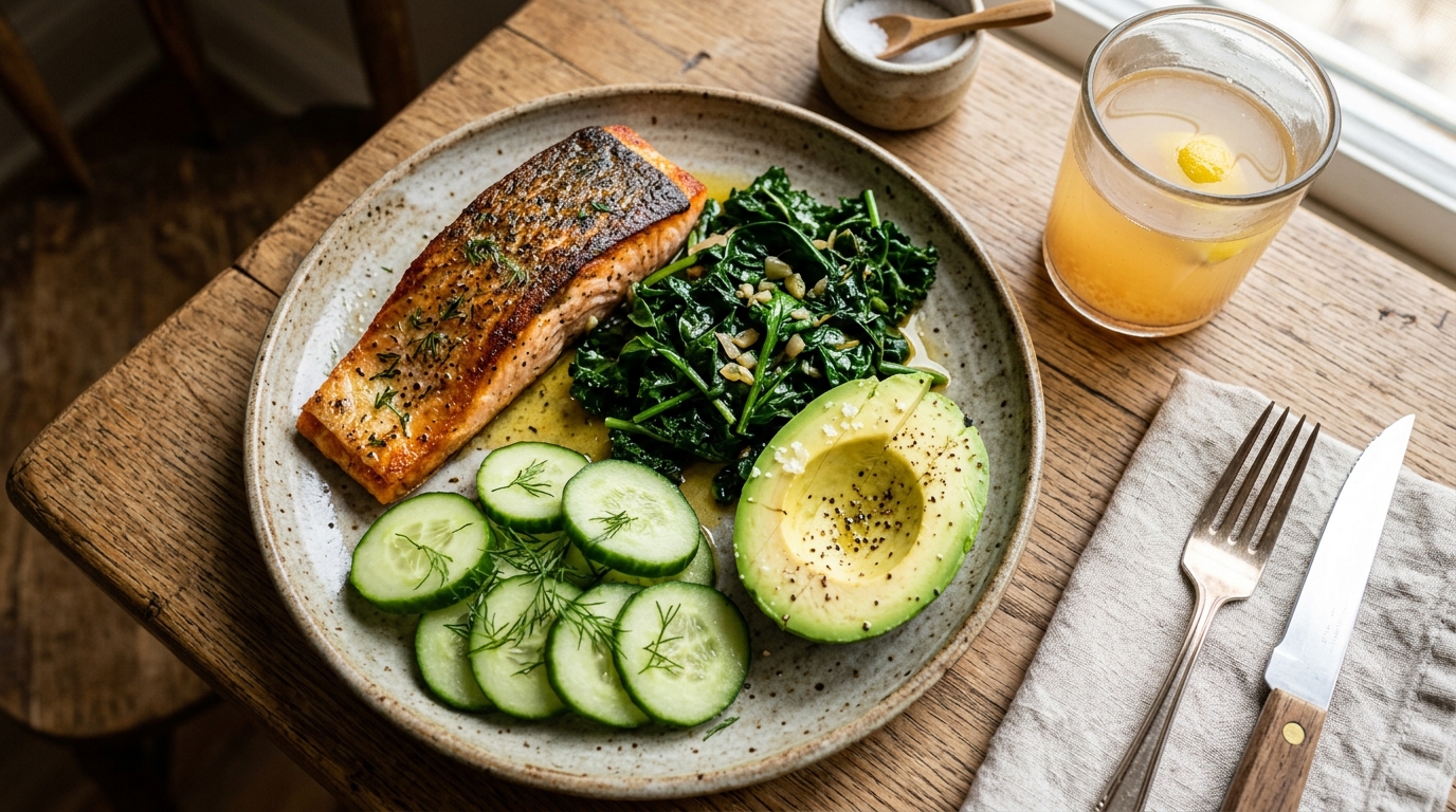 A nourishing weight loss diet meal plate with pan-seared salmon, sautéed greens in grass-fed ghee, and avocado