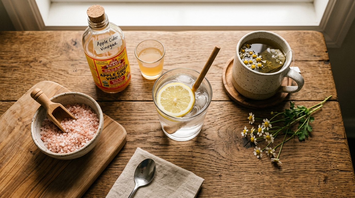 Water fasting electrolyte preparation with pink Himalayan salt, lemon water, and raw apple cider vinegar