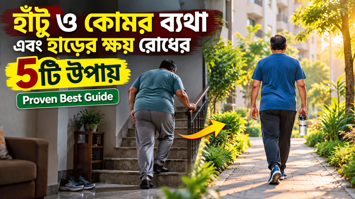 হাঁটু ও কোমর ব্যথা এবং হাড়ের ক্ষয় রোধের ৫টি উপায় নিয়ে স্বাস্থ্যবিষয়ক ছবি, যেখানে সবুজ পরিবেশে একজন ব্যক্তিকে হাঁটতে দেখা যাচ্ছে।